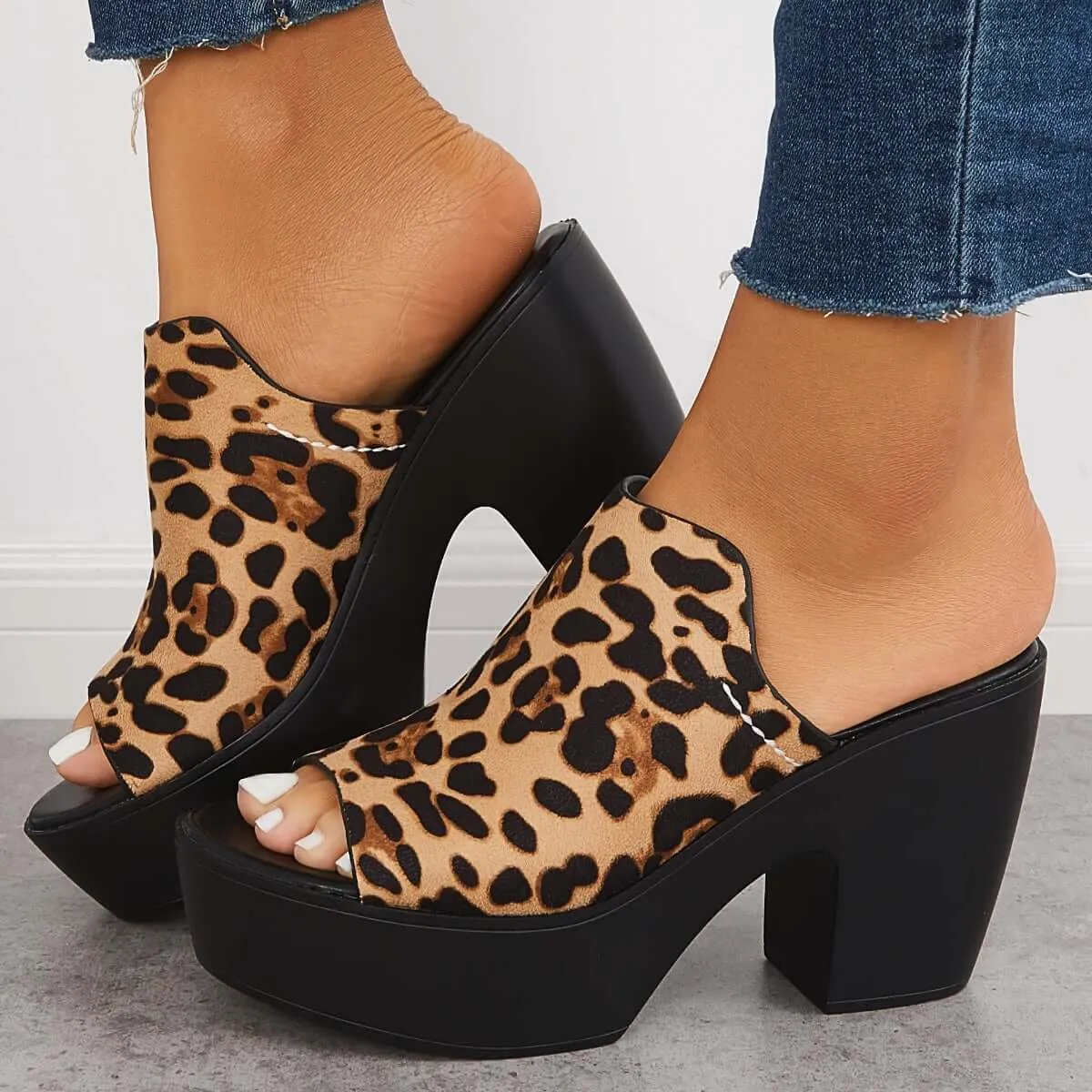 Peep Toe Chunky Platform Heeled Dress Mules Slip on Sandals sold by Tinstree product image thumbnail 2