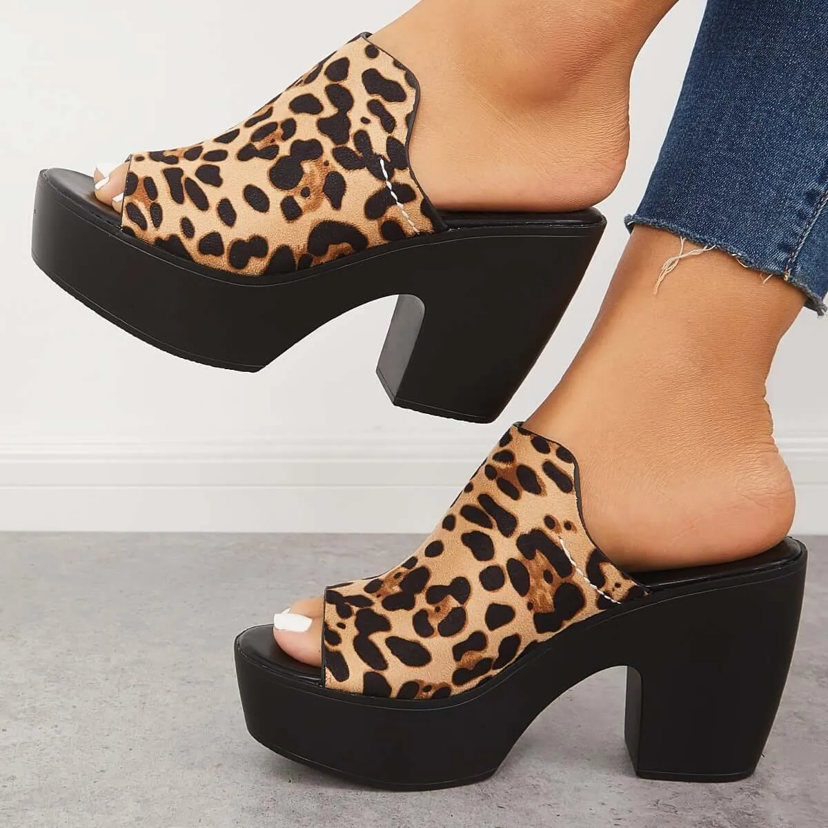 Peep Toe Chunky Platform Heeled Dress Mules Slip on Sandals sold by Tinstree product image thumbnail 4