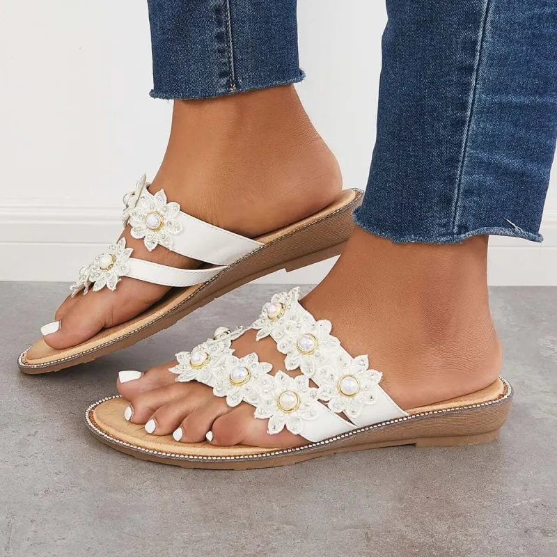 Flowers Beaded Flip Flops Flat Slippers sold by Tinstree