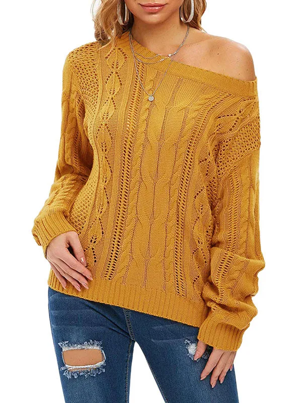 Women Crochet Hollow Out Crewneck Long Sleeve Knit Sweaters Pullover Jumper Tops sold by Tinstree