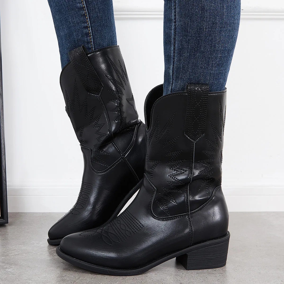 Embroidery Western Cowgirl Mid Calf Boots Pull on Block Heel Booties sold by Tinstree product image thumbnail 3