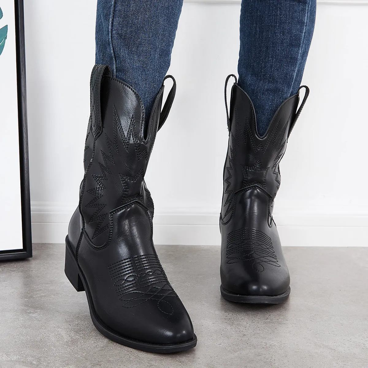 Embroidery Western Cowgirl Mid Calf Boots Pull on Block Heel Booties sold by Tinstree product image thumbnail 2