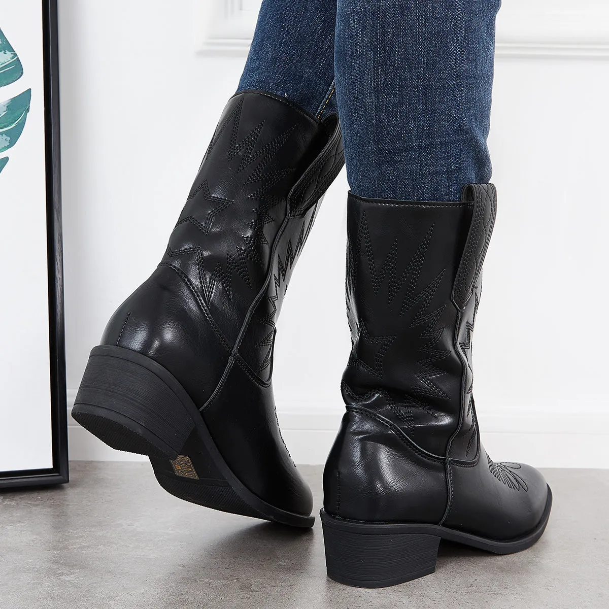 Embroidery Western Cowgirl Mid Calf Boots Pull on Block Heel Booties sold by Tinstree product image thumbnail 5