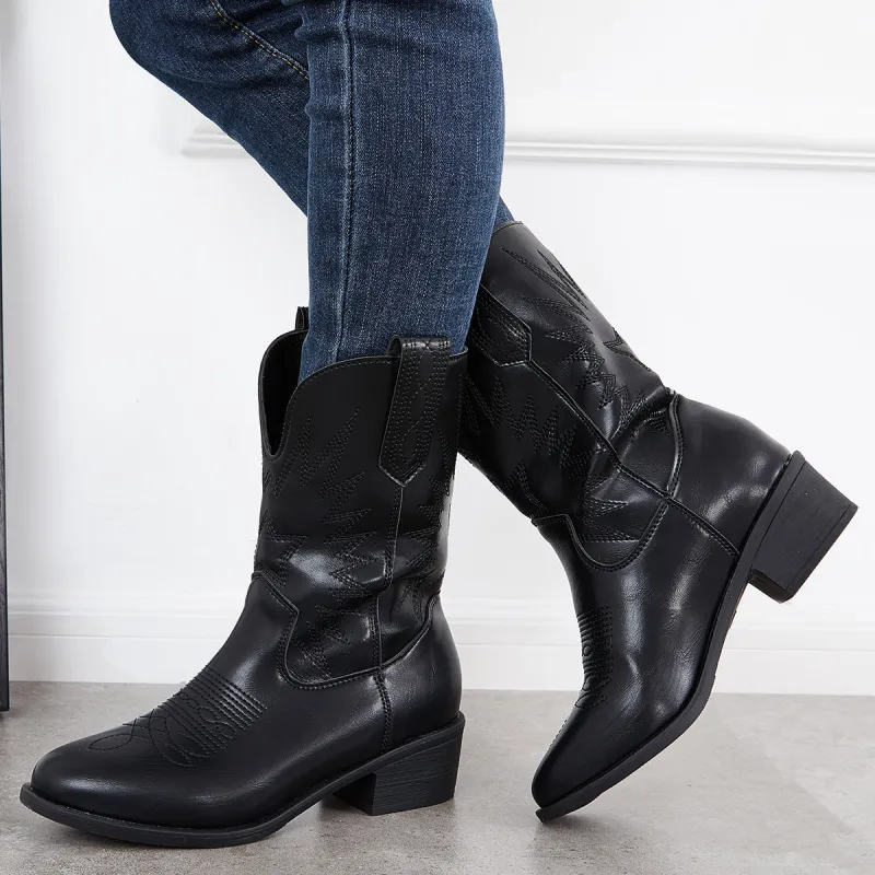 Embroidery Western Cowgirl Mid Calf Boots Pull on Block Heel Booties sold by Tinstree