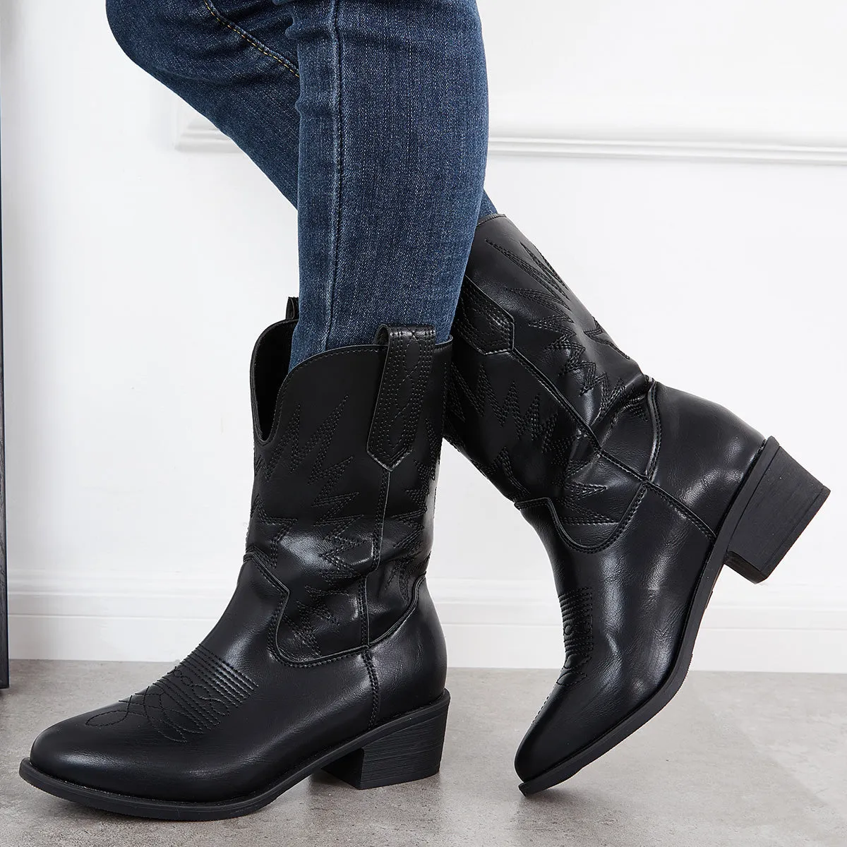 Embroidery Western Cowgirl Mid Calf Boots Pull on Block Heel Booties sold by Tinstree