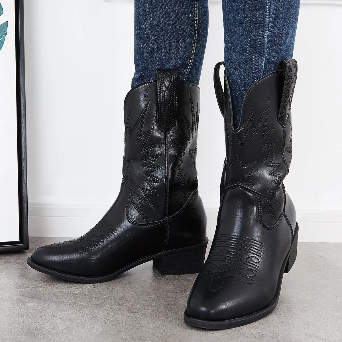 Embroidery Western Cowgirl Mid Calf Boots Pull on Block Heel Booties sold by Tinstree product image thumbnail 4