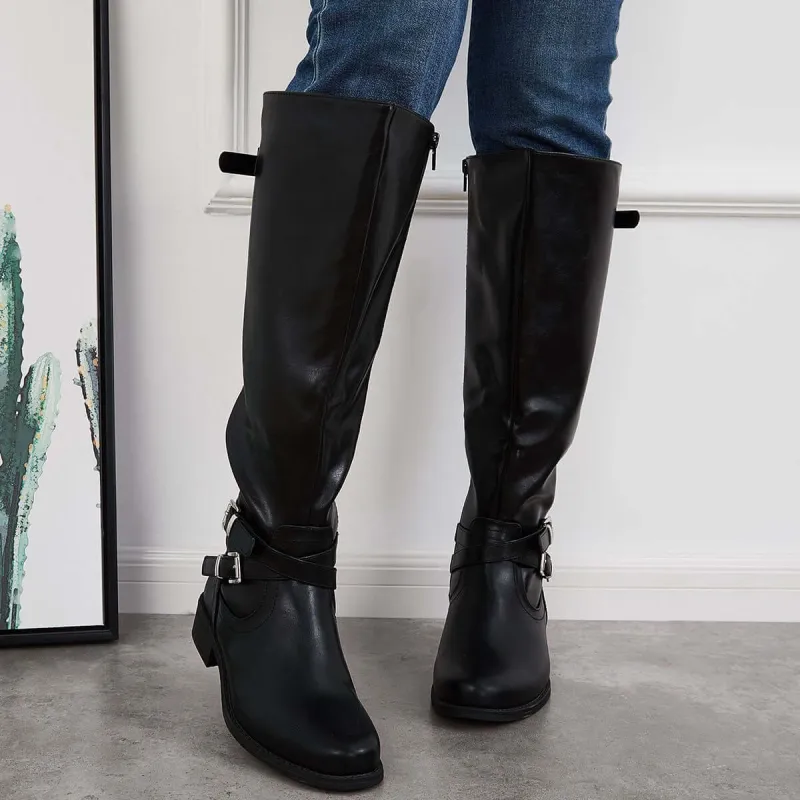 Round Toe Western Knee High Riding Boots Wide Calf Boots sold by Tinstree