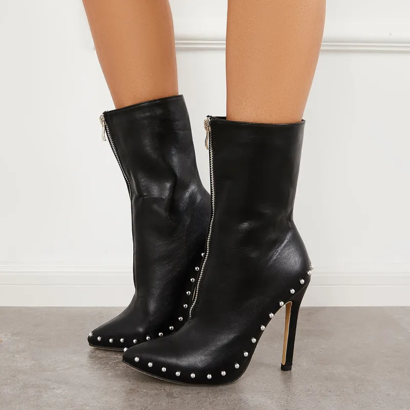 Pointed Toe Stud Stilettos High Heel Mid Calf Boots sold by Tinstree
