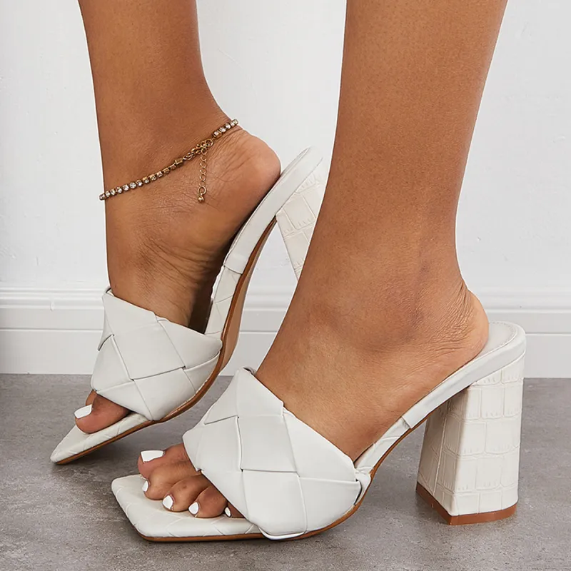 Square Toe Woven Chunky Heel Mules Slip on Slide Sandals sold by Tinstree