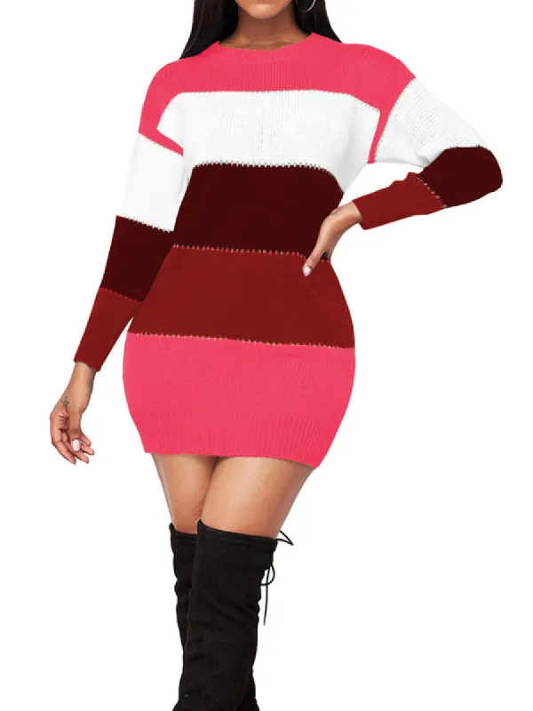 Long Sleeve Color Block Pullover Sweater Dress Slim Fit Warm Fall Winter Dress sold by Tinstree