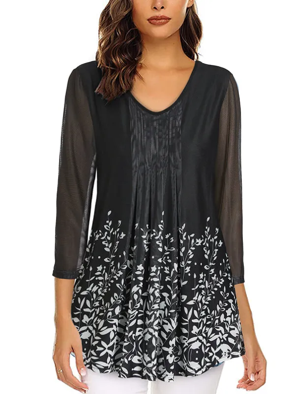 3/4 Sleeve Floral Double Layers Pleated Mesh Tunic Tops sold by Tinstree