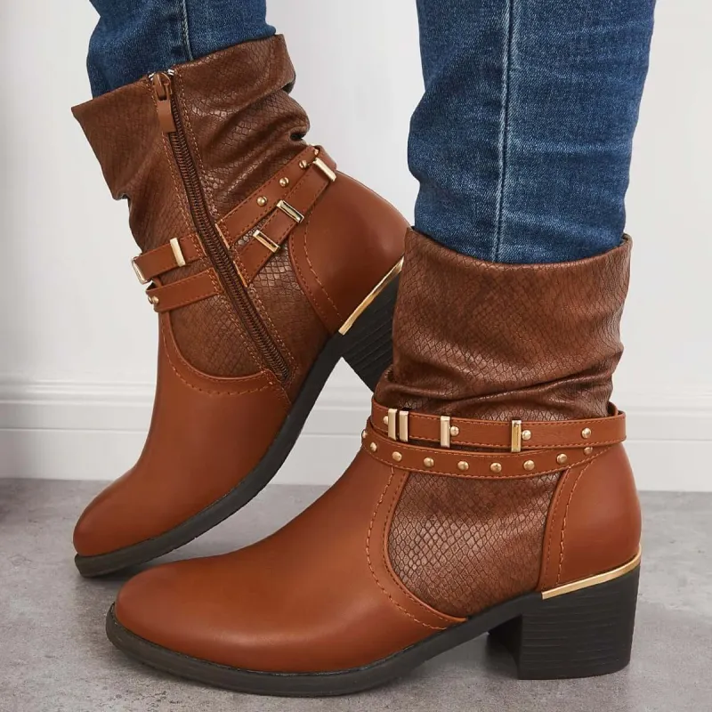 Retro Western Ankle Boots Chunky Low Heel Cowboy Booties sold by Tinstree
