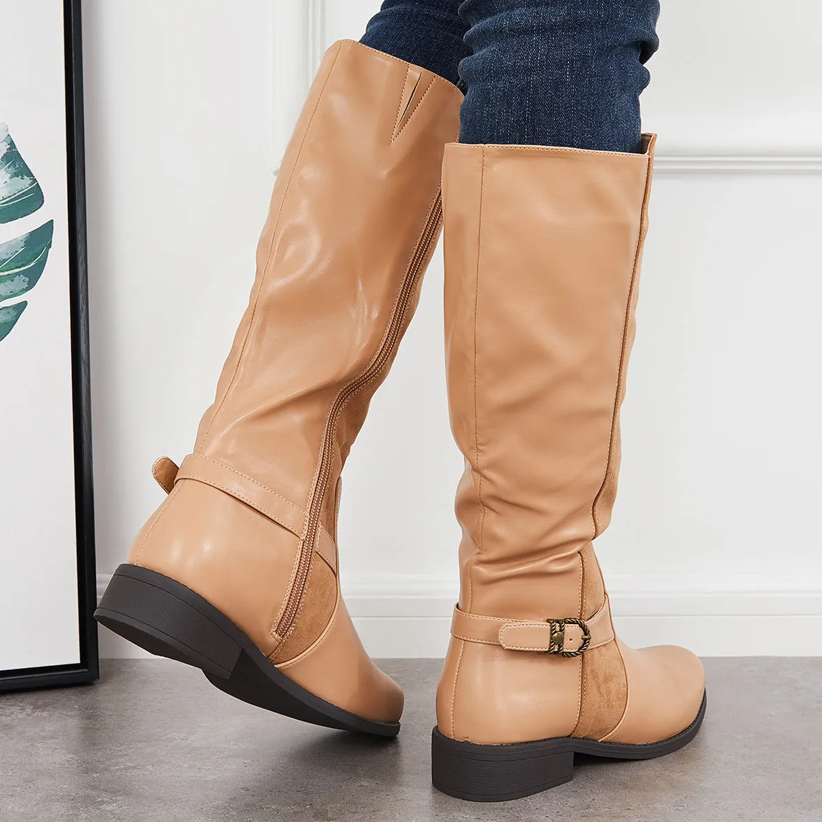 Splicing Knee High Riding Boots Round Toe Low Block Heel Tall Boots sold by Tinstree product image thumbnail 5