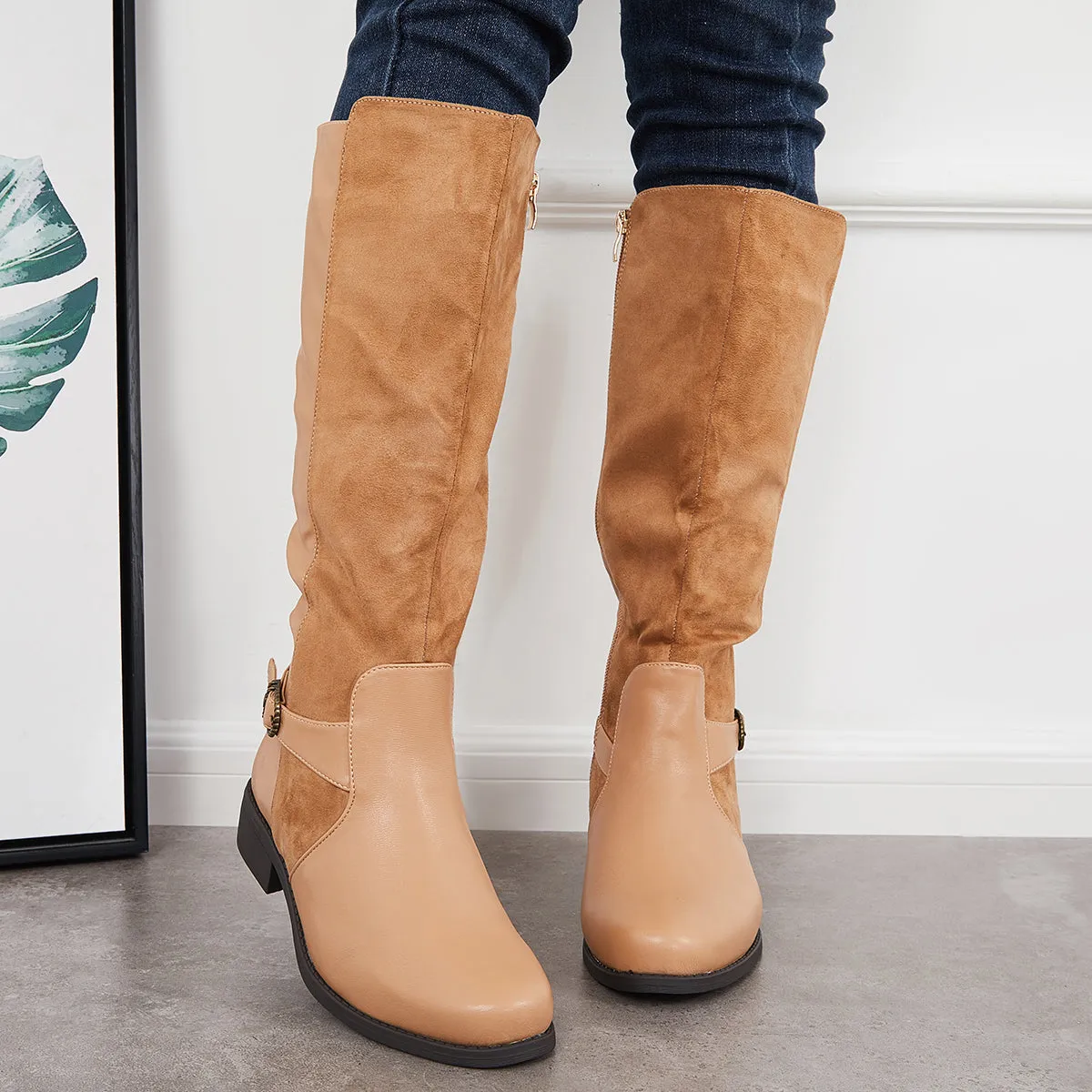 Splicing Knee High Riding Boots Round Toe Low Block Heel Tall Boots sold by Tinstree product image thumbnail 2