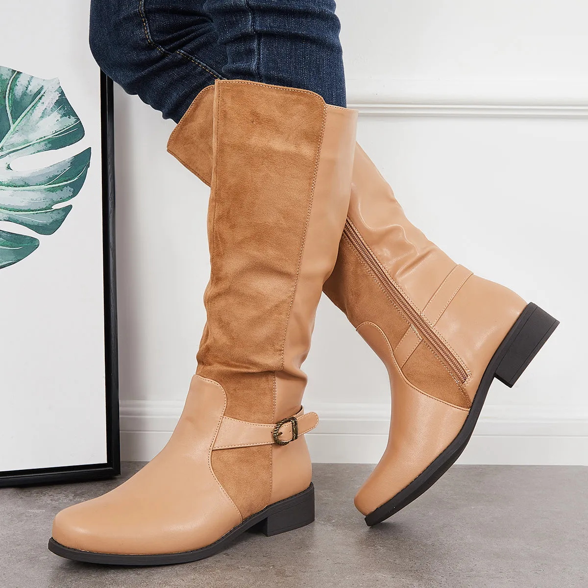 Splicing Knee High Riding Boots Round Toe Low Block Heel Tall Boots sold by Tinstree product image thumbnail 4