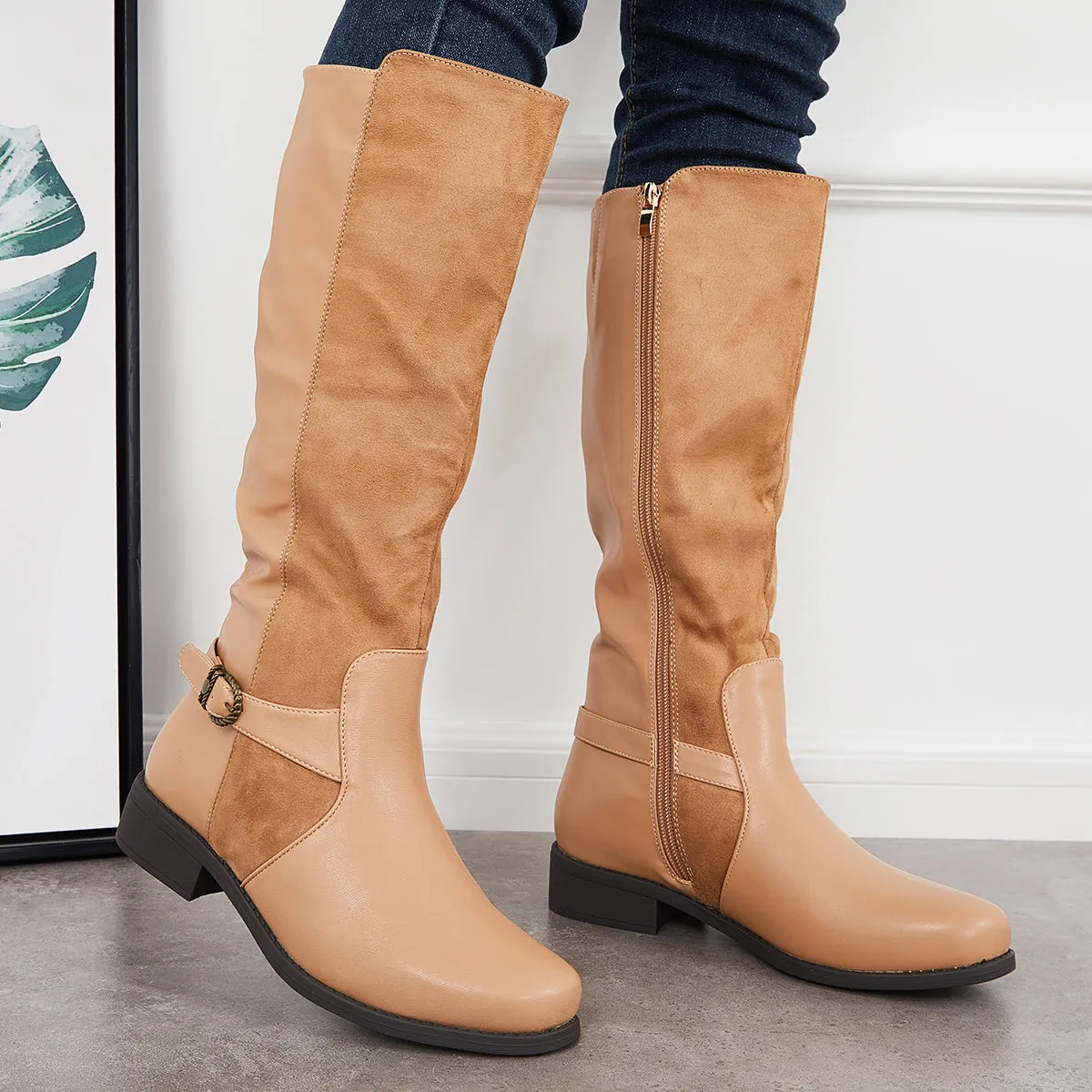 Splicing Knee High Riding Boots Round Toe Low Block Heel Tall Boots sold by Tinstree