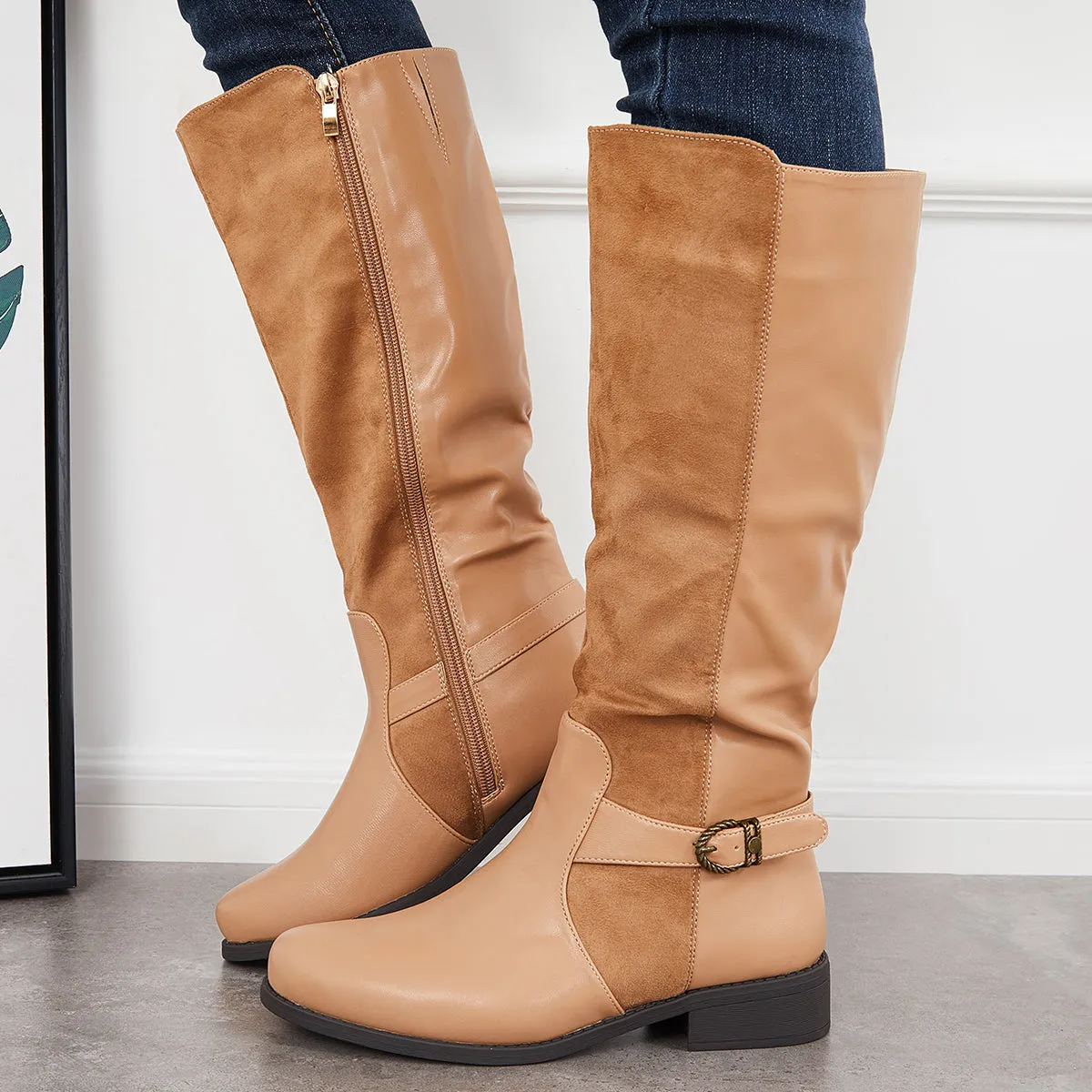 Splicing Knee High Riding Boots Round Toe Low Block Heel Tall Boots sold by Tinstree product image thumbnail 3