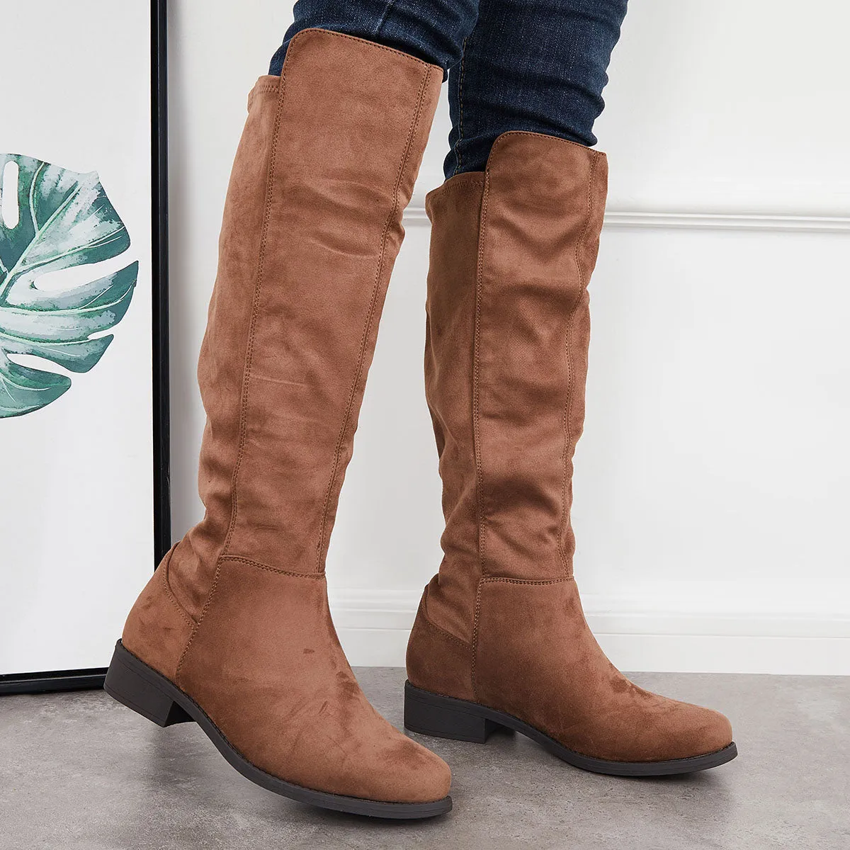 Round Toe Knee High Stretchy Tall Boots Block Low Heel Riding Boots sold by Tinstree product image thumbnail 2