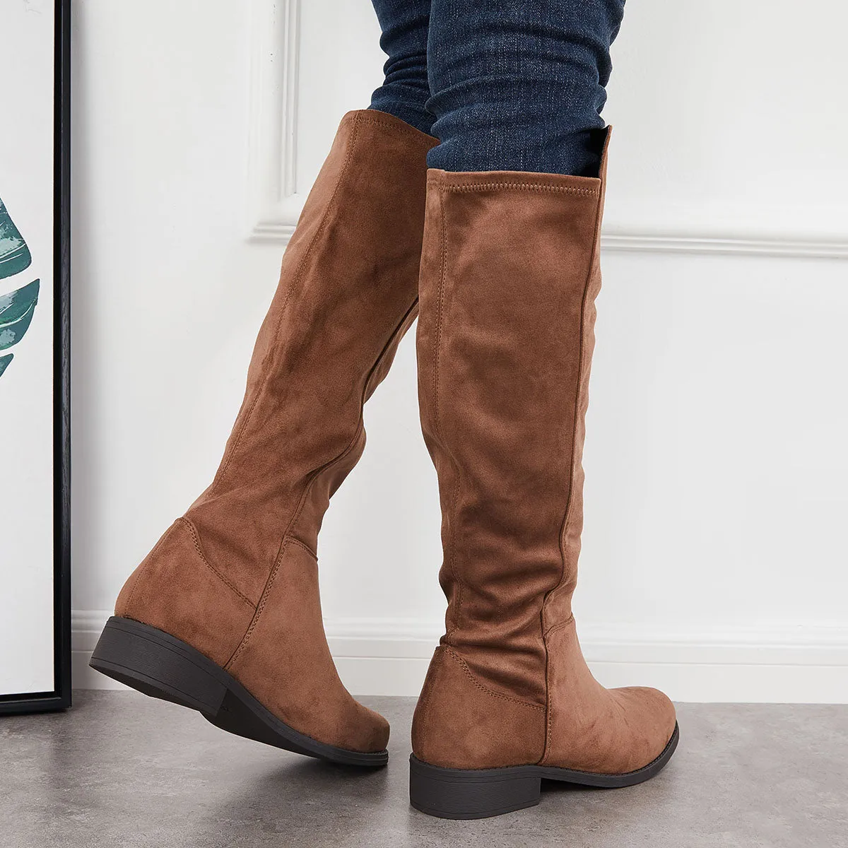 Round Toe Knee High Stretchy Tall Boots Block Low Heel Riding Boots sold by Tinstree product image thumbnail 5
