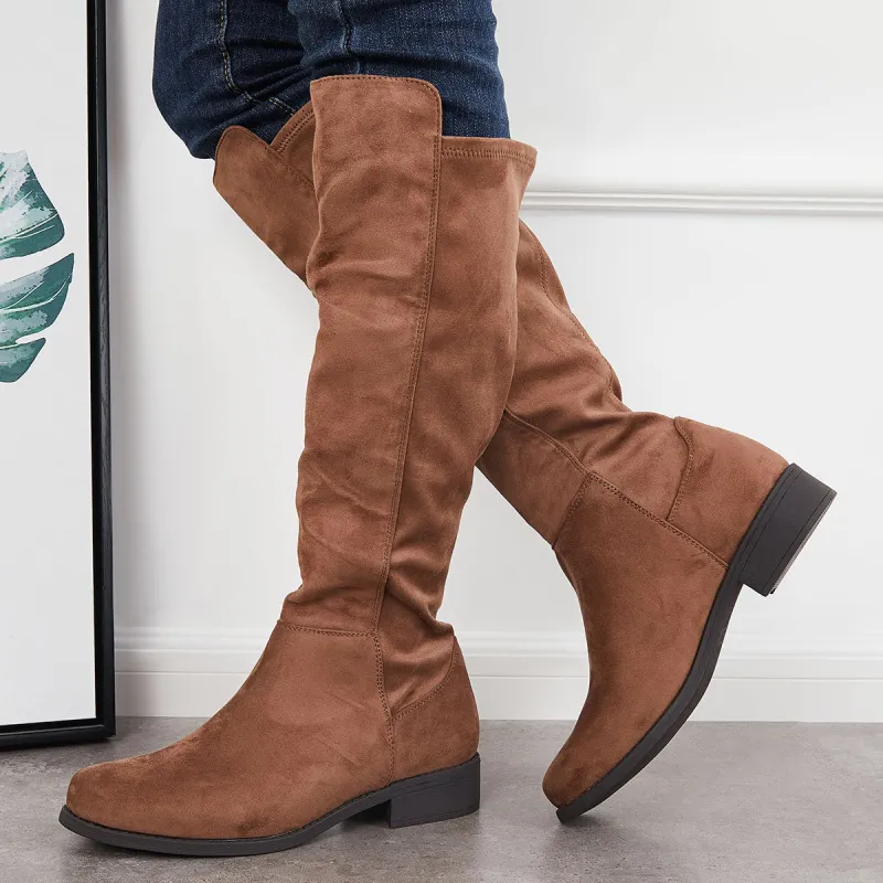 Round Toe Knee High Stretchy Tall Boots Block Low Heel Riding Boots sold by Tinstree