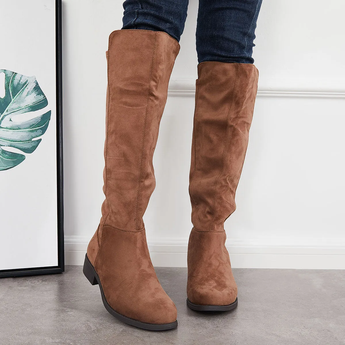 Round Toe Knee High Stretchy Tall Boots Block Low Heel Riding Boots sold by Tinstree product image thumbnail 3