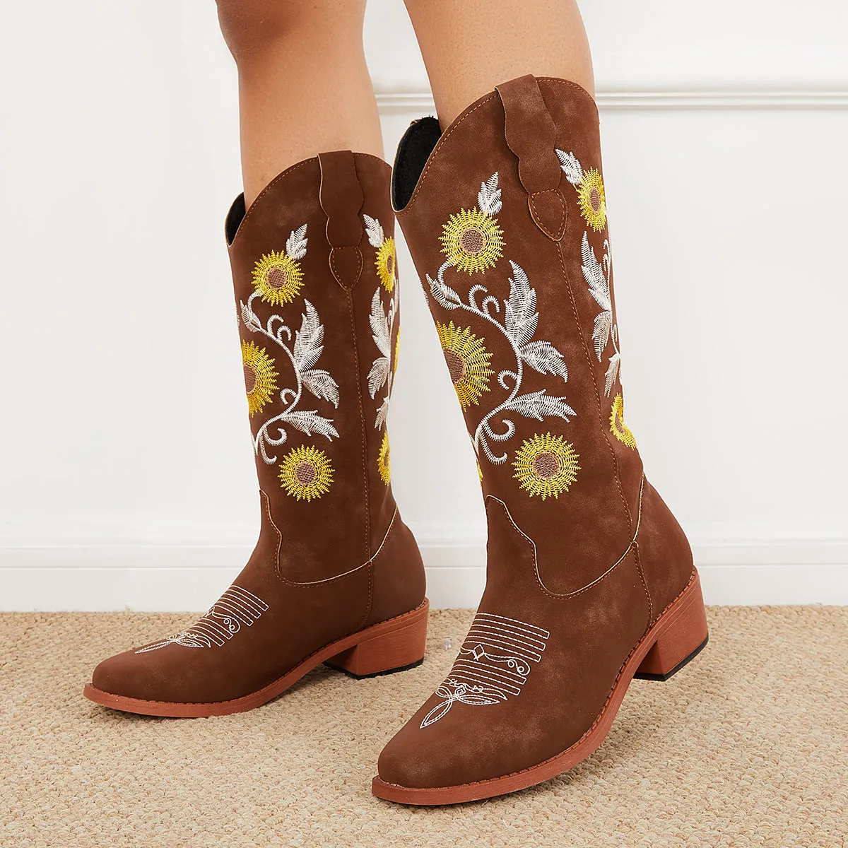 Retro Embroidered Western Cowboy Boots Chunky Heel Riding Boots sold by Tinstree