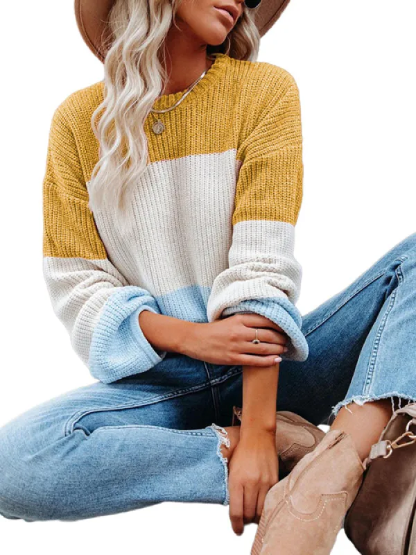 Women Long Sleeve Crewneck Color Block Casual Loose Knitted Pullover Sweater Tops sold by Tinstree