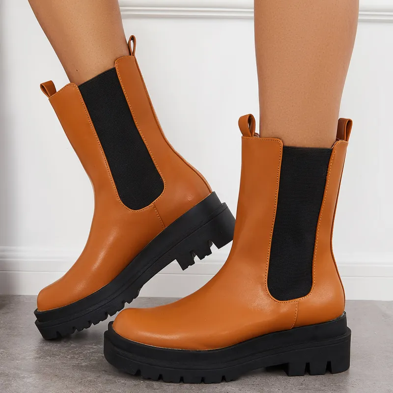 Women Chunky Platform Chelsea Boots Lug Sole Mid Calf Booties sold by Tinstree