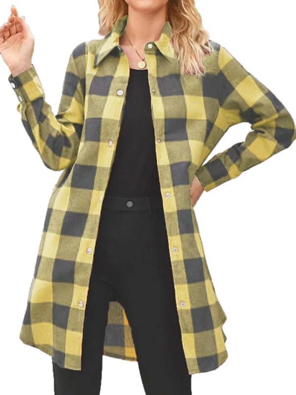 Women's Button Down Plaid Long Sleeve Collared Spring Long Jacket Tops sold by Tinstree