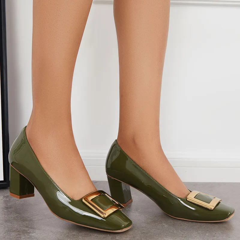 Buckle Decor Block Heel Pumps Slip on Square Toe Dress Shoes sold by Tinstree