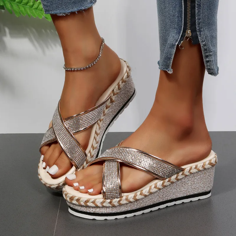 Rhinestone Criss Cross Espadrille Platform Wedges Slide Sandals sold by Tinstree
