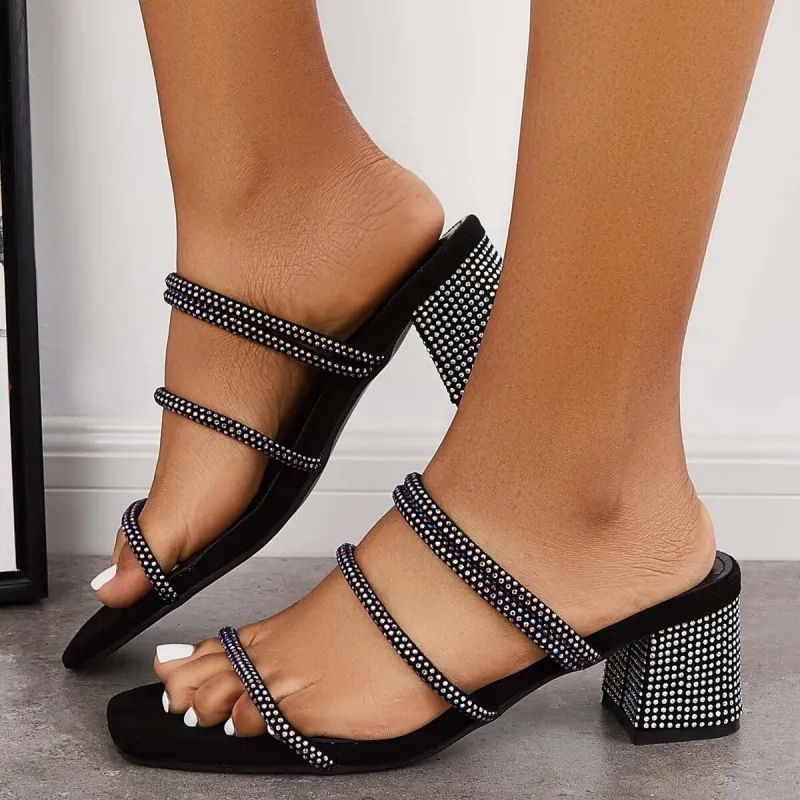 Rhinestone Chunky Heel Mules Slip on Backless Sandals sold by Tinstree