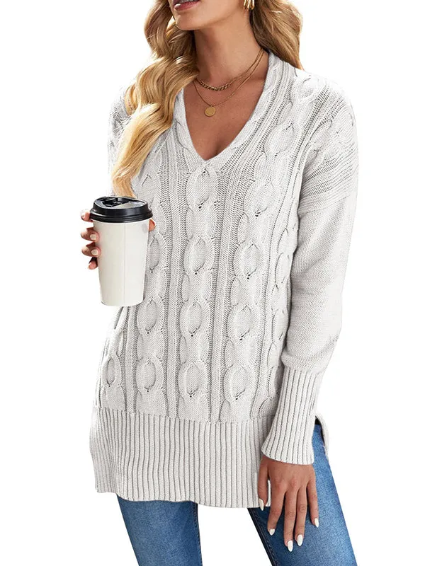 Women V Neck Long Sleeve Sweaters Loose Cable Knit Pullover Sweater sold by Tinstree product image thumbnail 5