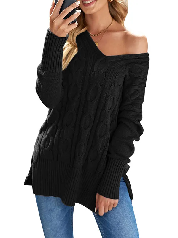 Women V Neck Long Sleeve Sweaters Loose Cable Knit Pullover Sweater sold by Tinstree product image thumbnail 3