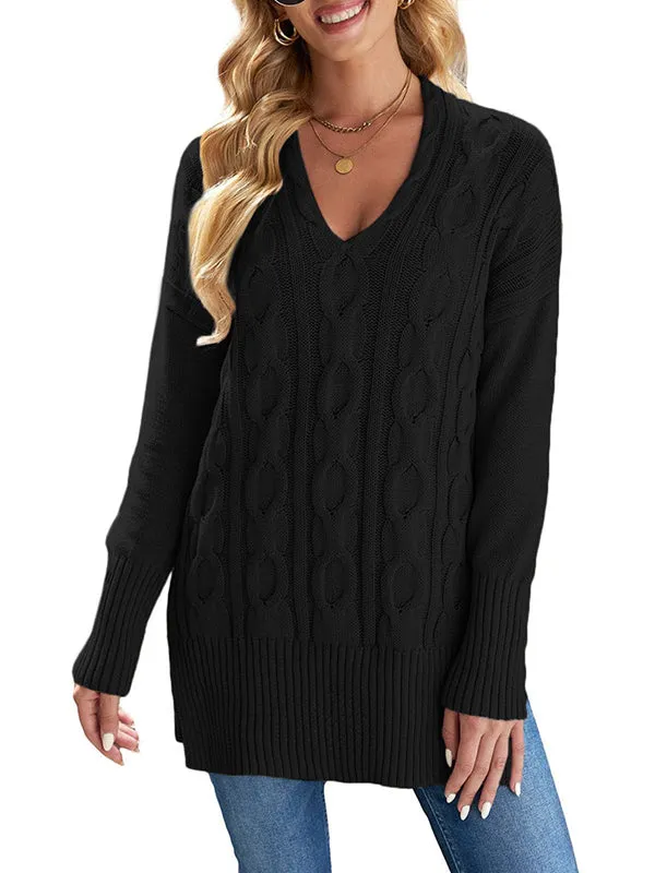 Women V Neck Long Sleeve Sweaters Loose Cable Knit Pullover Sweater sold by Tinstree product image thumbnail 2