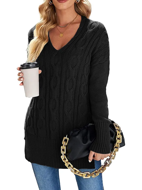 Women V Neck Long Sleeve Sweaters Loose Cable Knit Pullover Sweater sold by Tinstree product image thumbnail 4
