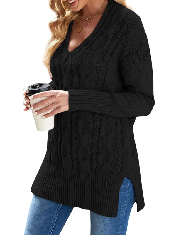Women V Neck Long Sleeve Sweaters Loose Cable Knit Pullover Sweater sold by Tinstree