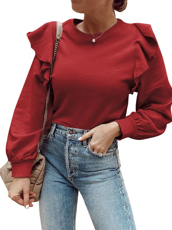 Women Ruffle Long Sleeve Shirts Round Neck Casual Plain Tops sold by Tinstree product image thumbnail 3