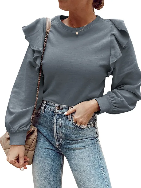 Women Ruffle Long Sleeve Shirts Round Neck Casual Plain Tops sold by Tinstree product image thumbnail 4