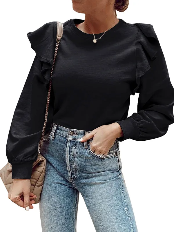 Women Ruffle Long Sleeve Shirts Round Neck Casual Plain Tops sold by Tinstree product image thumbnail 2