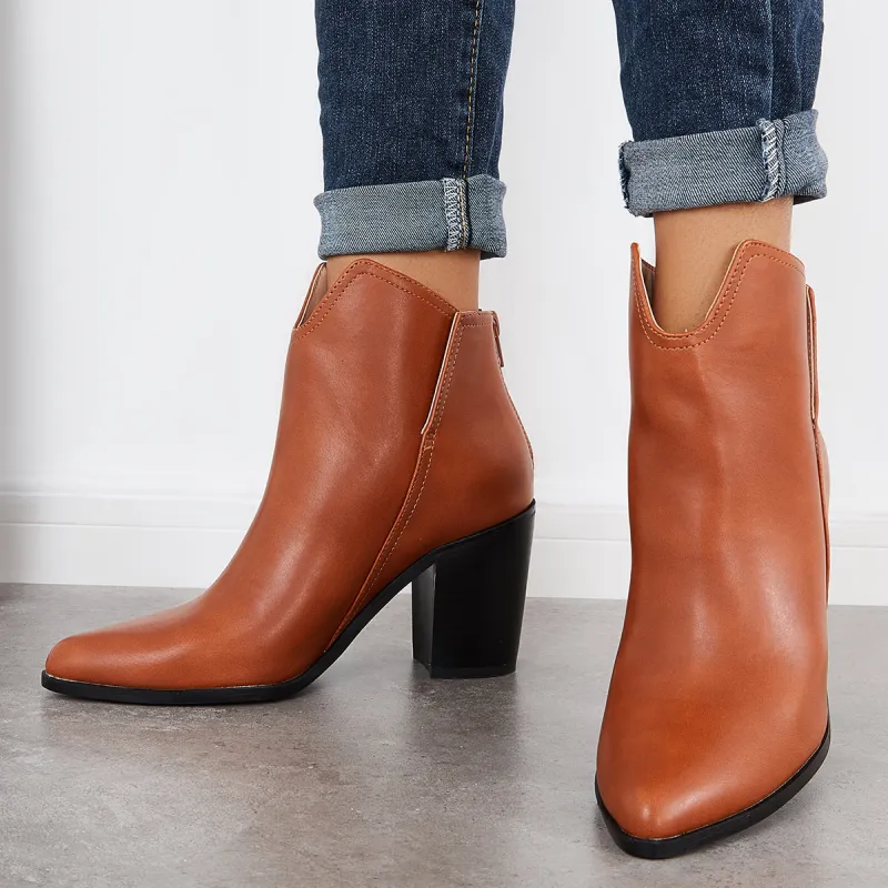 Women Ankle Boots Cutout Pointed Toe Chunky Heel Western Booties sold by Tinstree