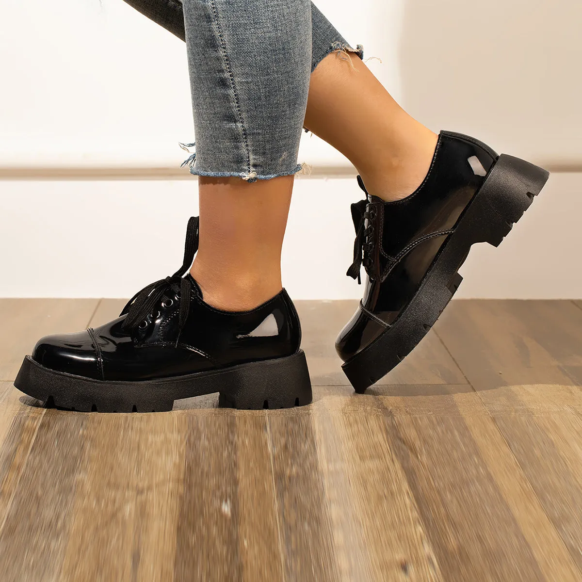 Black Platform Chunky Heel Loafers Lace Up Lug Sole Shoes sold by Tinstree product image thumbnail 5