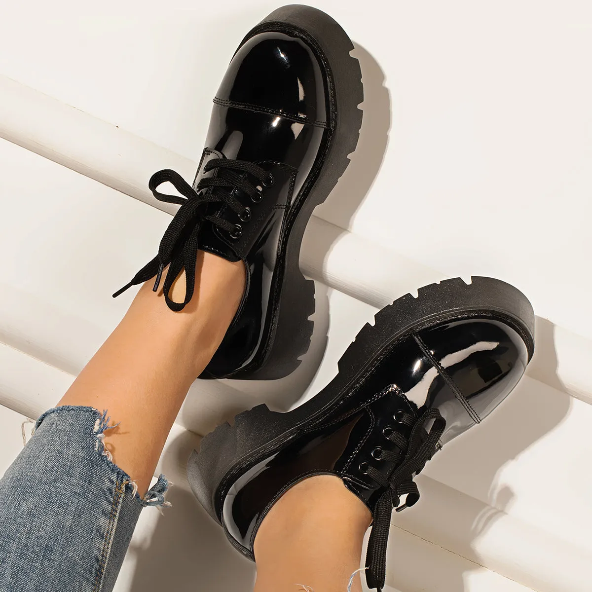 Black Platform Chunky Heel Loafers Lace Up Lug Sole Shoes sold by Tinstree