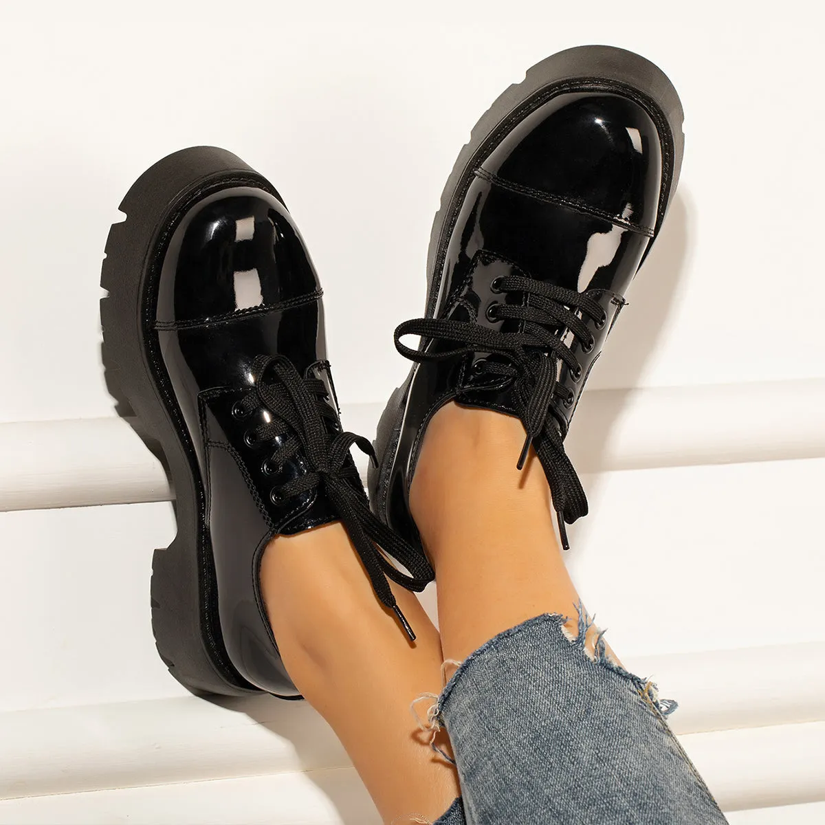 Black Platform Chunky Heel Loafers Lace Up Lug Sole Shoes sold by Tinstree product image thumbnail 3