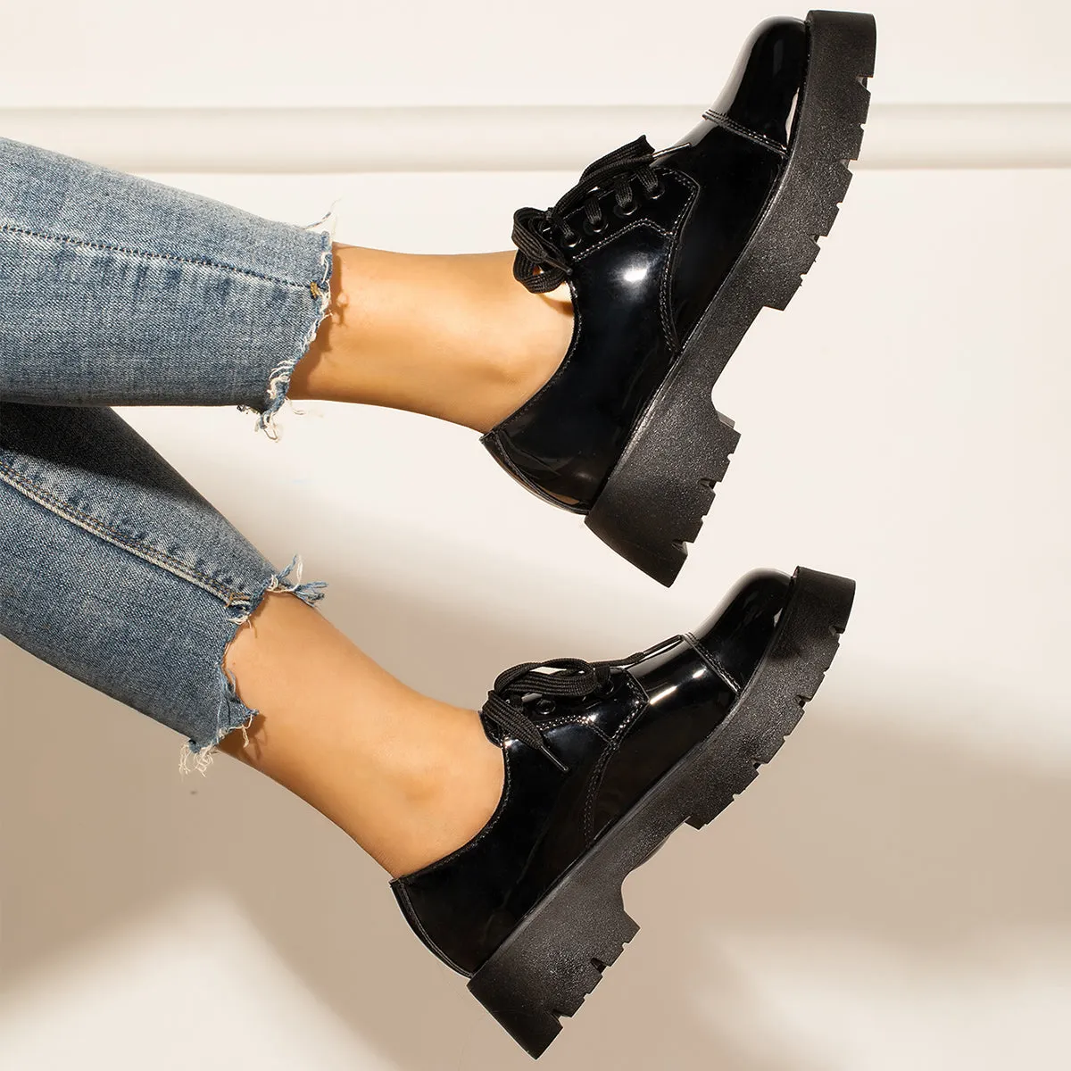 Black Platform Chunky Heel Loafers Lace Up Lug Sole Shoes sold by Tinstree product image thumbnail 4