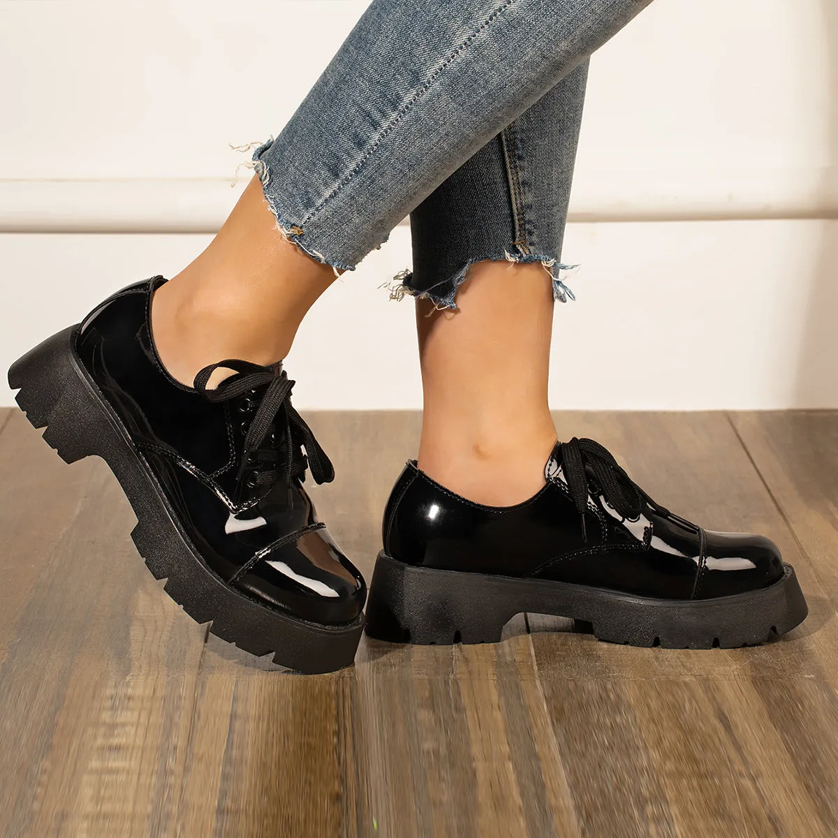 Black Platform Chunky Heel Loafers Lace Up Lug Sole Shoes sold by Tinstree product image thumbnail 2
