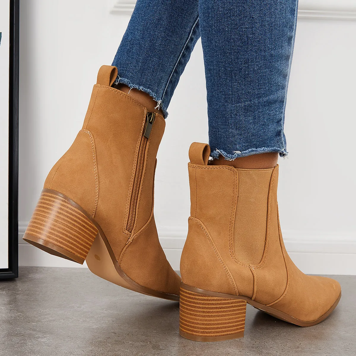 Pointed Toe Western Cowboy Booties Chunky Heel Chelsea Ankle Boots sold by Tinstree product image thumbnail 4