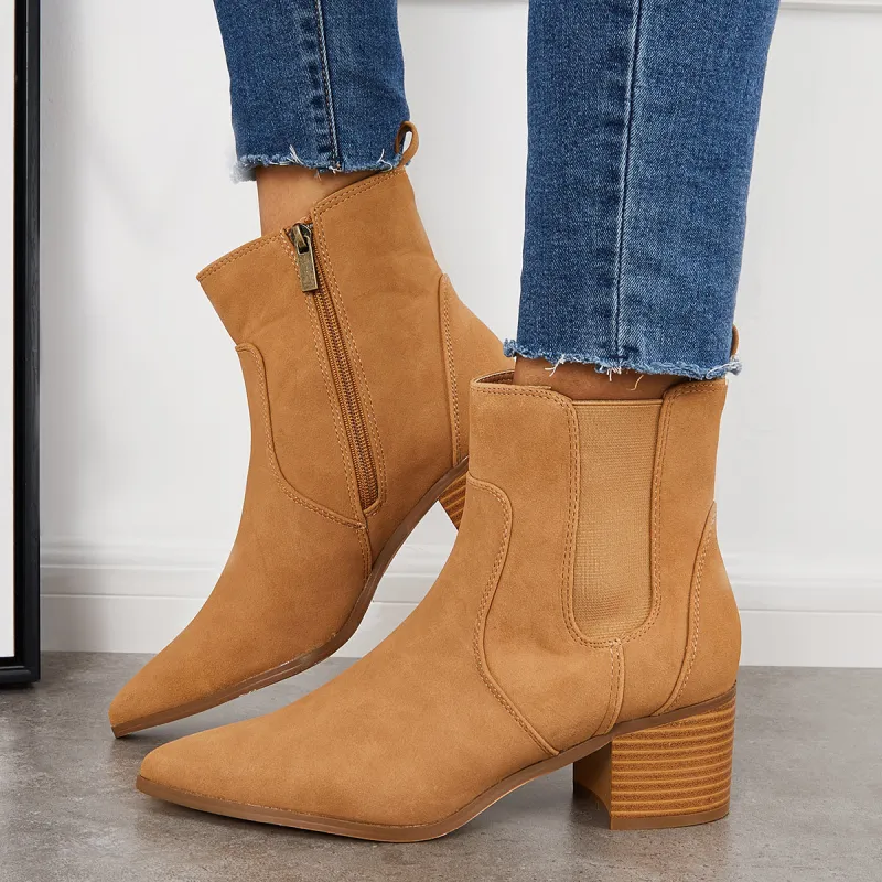 Pointed Toe Western Cowboy Booties Chunky Heel Chelsea Ankle Boots sold by Tinstree