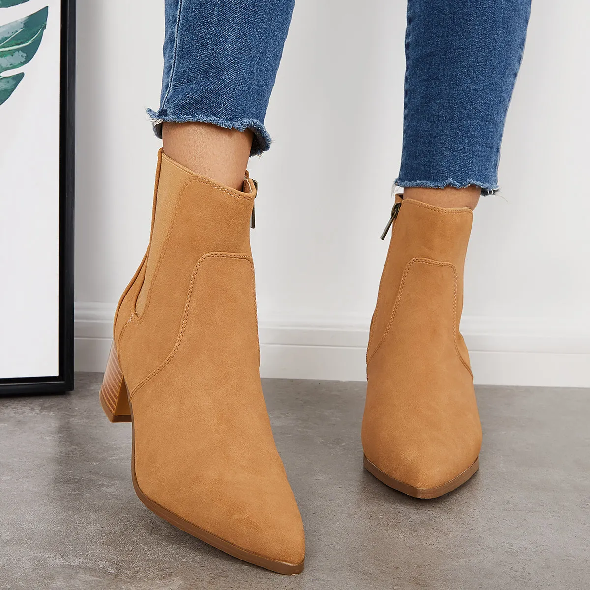 Pointed Toe Western Cowboy Booties Chunky Heel Chelsea Ankle Boots sold by Tinstree product image thumbnail 3