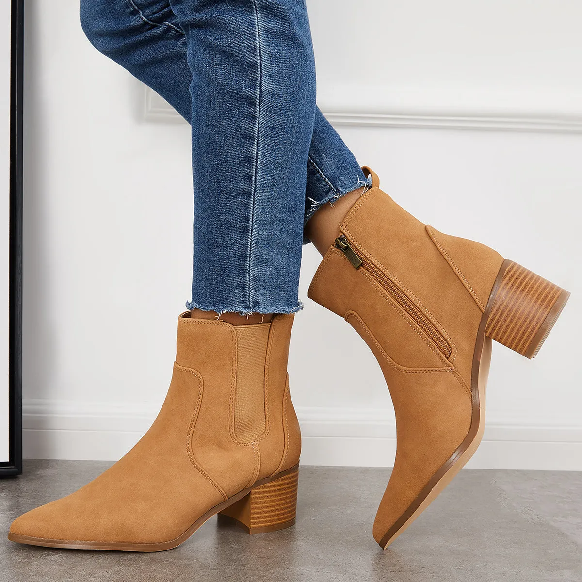 Pointed Toe Western Cowboy Booties Chunky Heel Chelsea Ankle Boots sold by Tinstree product image thumbnail 2